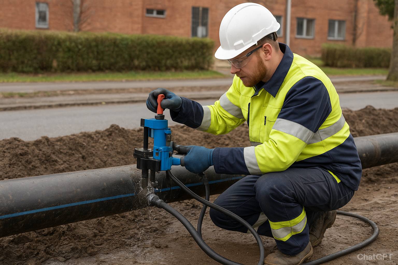 Man i gul arbetarväst utför anborrning